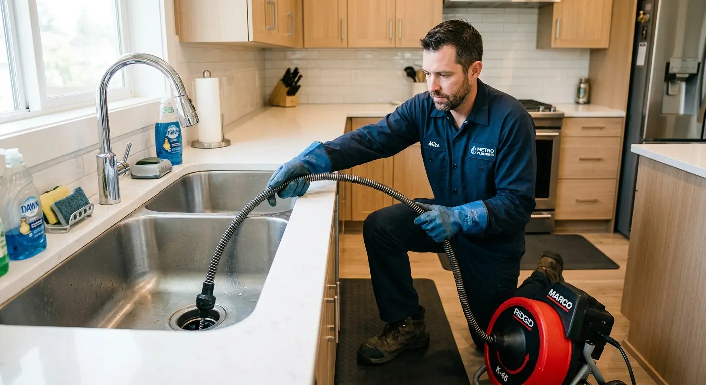 Drain cleaning technician using a motorized snake on a kitchen sink in Hamilton