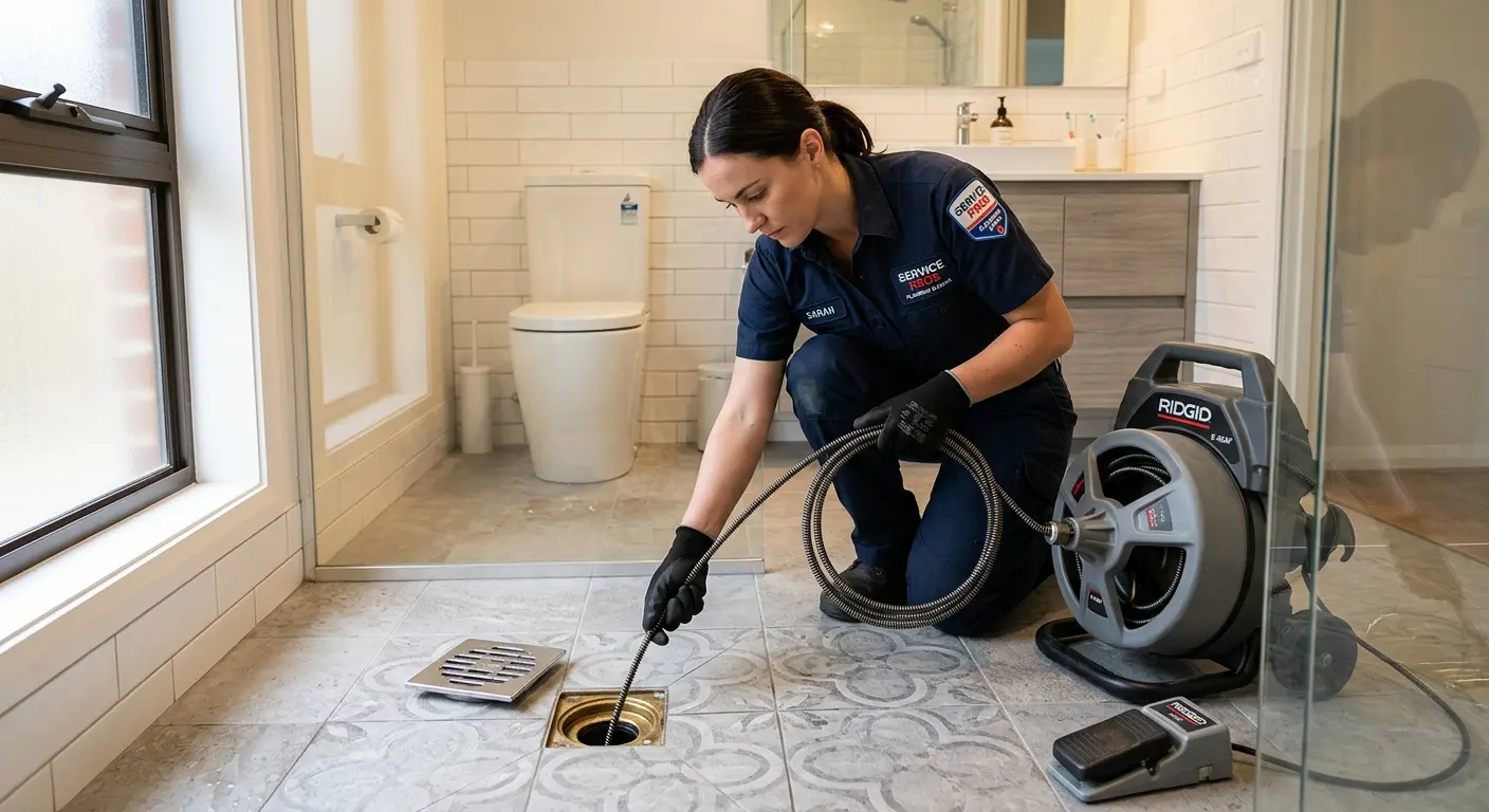Technician clearing a bathroom floor drain for Clogged Drain Repair in Hamilton